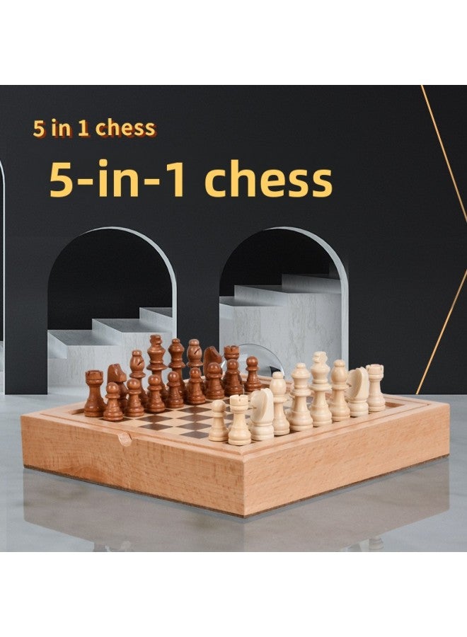 Cross-border Foreign Trade Chess Jiuzi Chess Domes Checkers Wood Skin Chessboard Beech Chess Box 5 in 1 suit